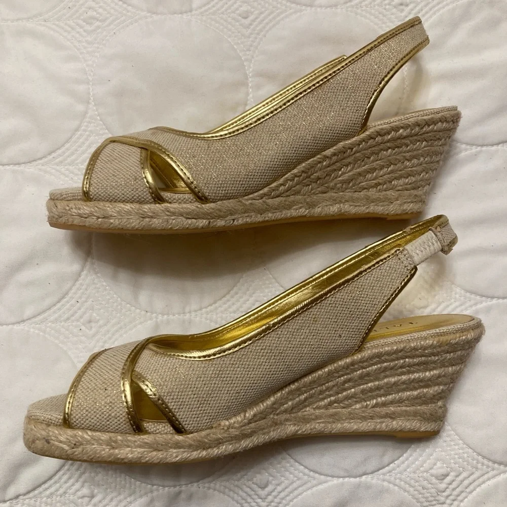 3/$15 Talbots Gold and Beige Espadrilles Peep Toe Wedges, Heels, Sandals 6.5 - Picture 3 of 9